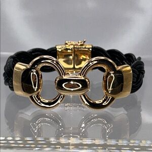 Genuine Braided Black Leather Gold Plated Magnetic Clasp Designer Bracelet
